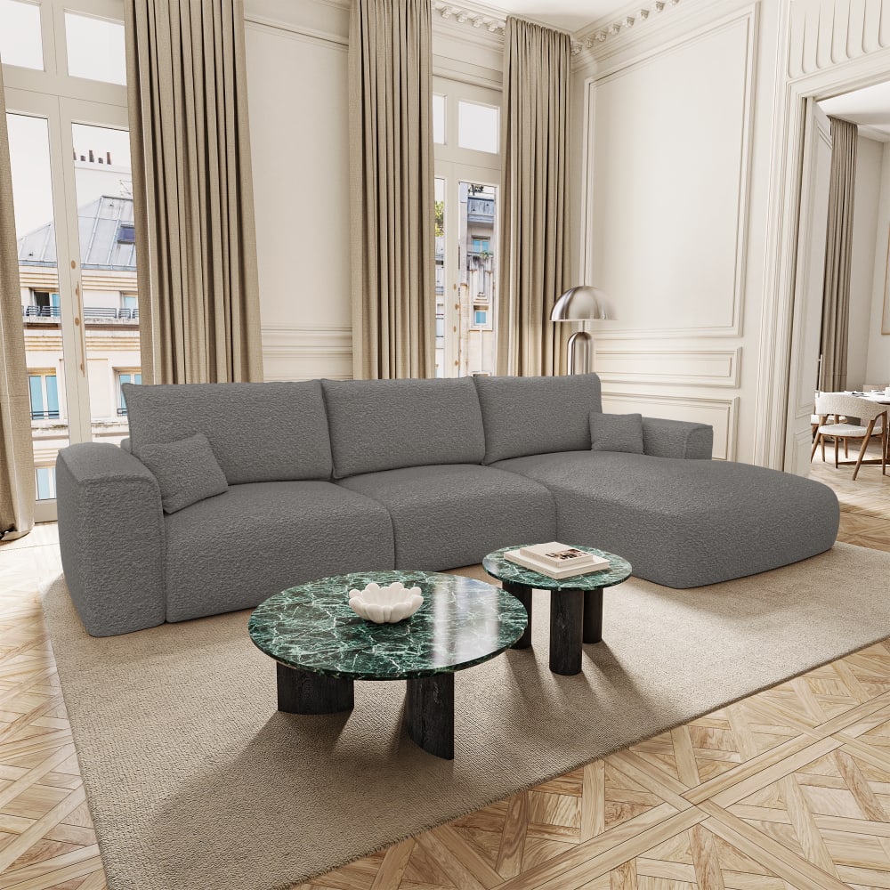 Canapé angle droit convertible coffre 5 places tissu bouclette gris