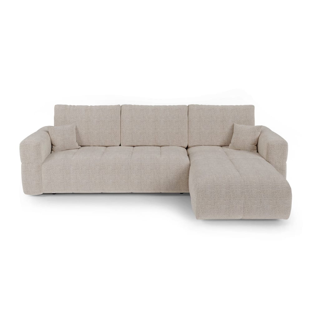 Canapé angle droit convertible coffre 4 places tissu tramé doux beige