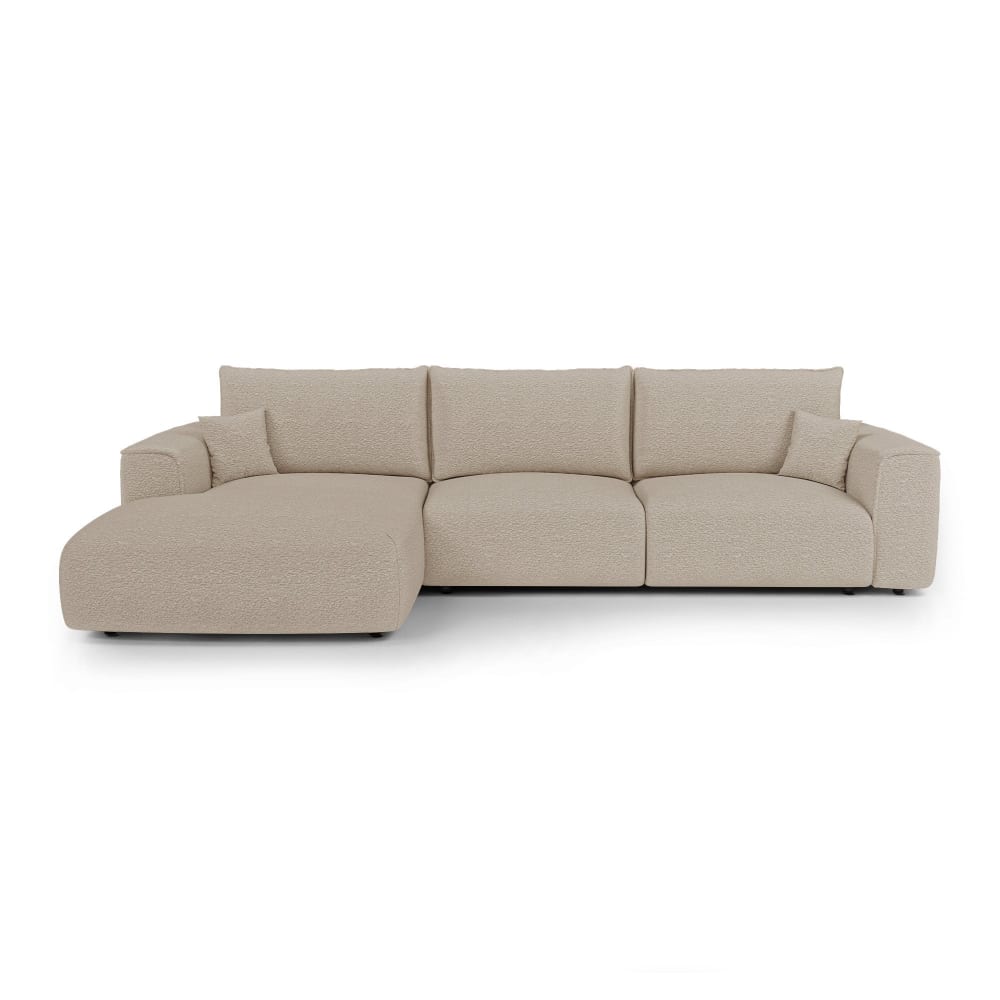 Canapé angle gauche convertible coffre 5 places tissu bouclette beige
