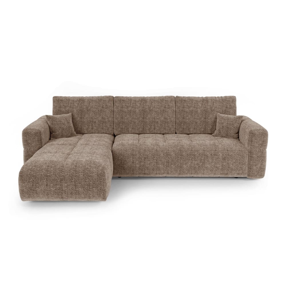 Canapé angle gauche convertible coffre 4 places tissu tramé marron