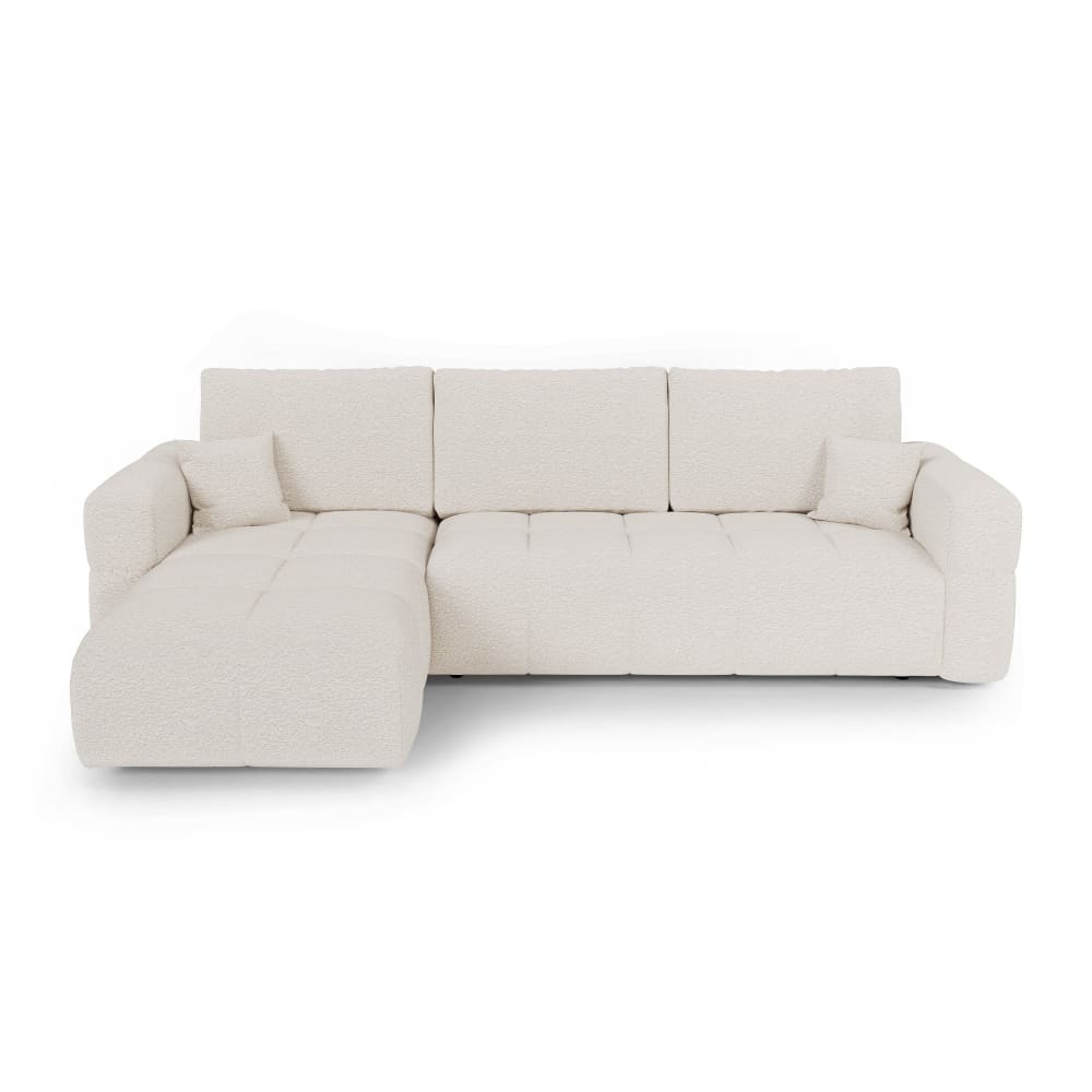 Canapé angle gauche convertible coffre 4 places tissu bouclette crème