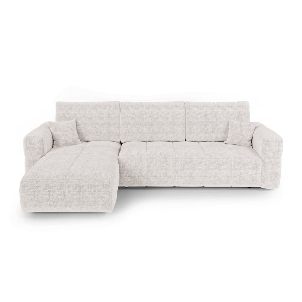 Canapé angle gauche convertible coffre 4 places tissu tramé doux crème