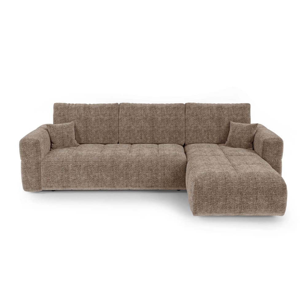 Canapé angle droit convertible coffre 4 places tissu tramé doux marron