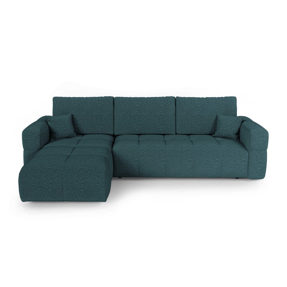 Canapé angle gauche convertible coffre 4 places tissu bouclette bleu