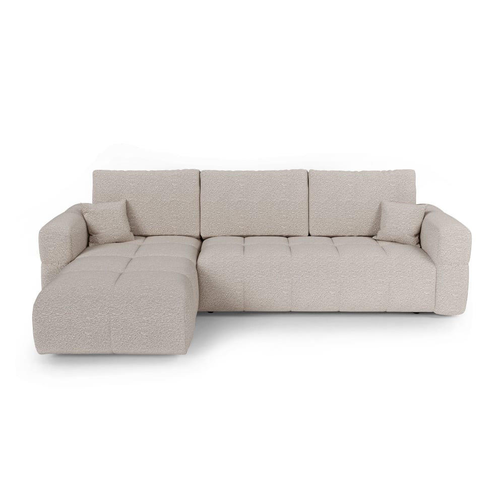 Canapé angle gauche convertible coffre 4 places tissu bouclette beige
