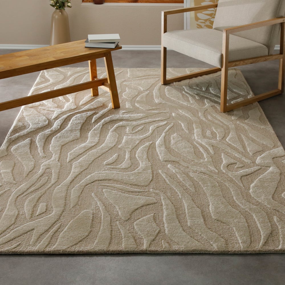 Tapis pure laine vierge fait main inspiration nature beige 110x170 cm — vue 3