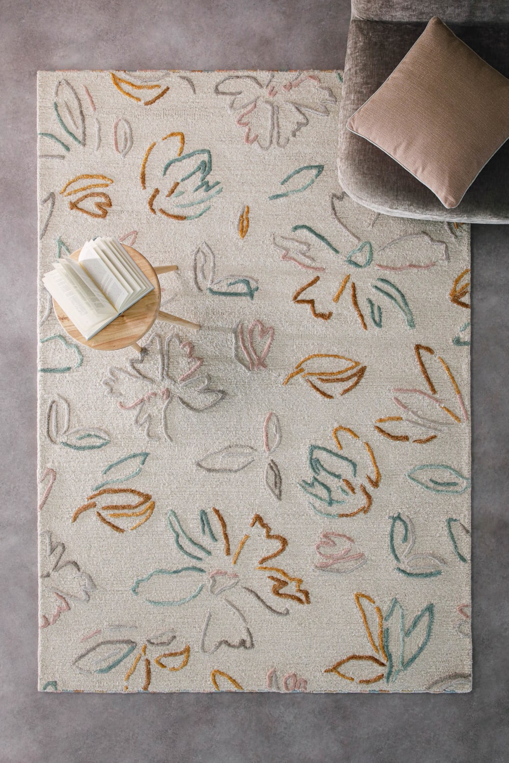 Tapis floral fait main pure laine,viscose, relief, blanc 110x170 — vue 3
