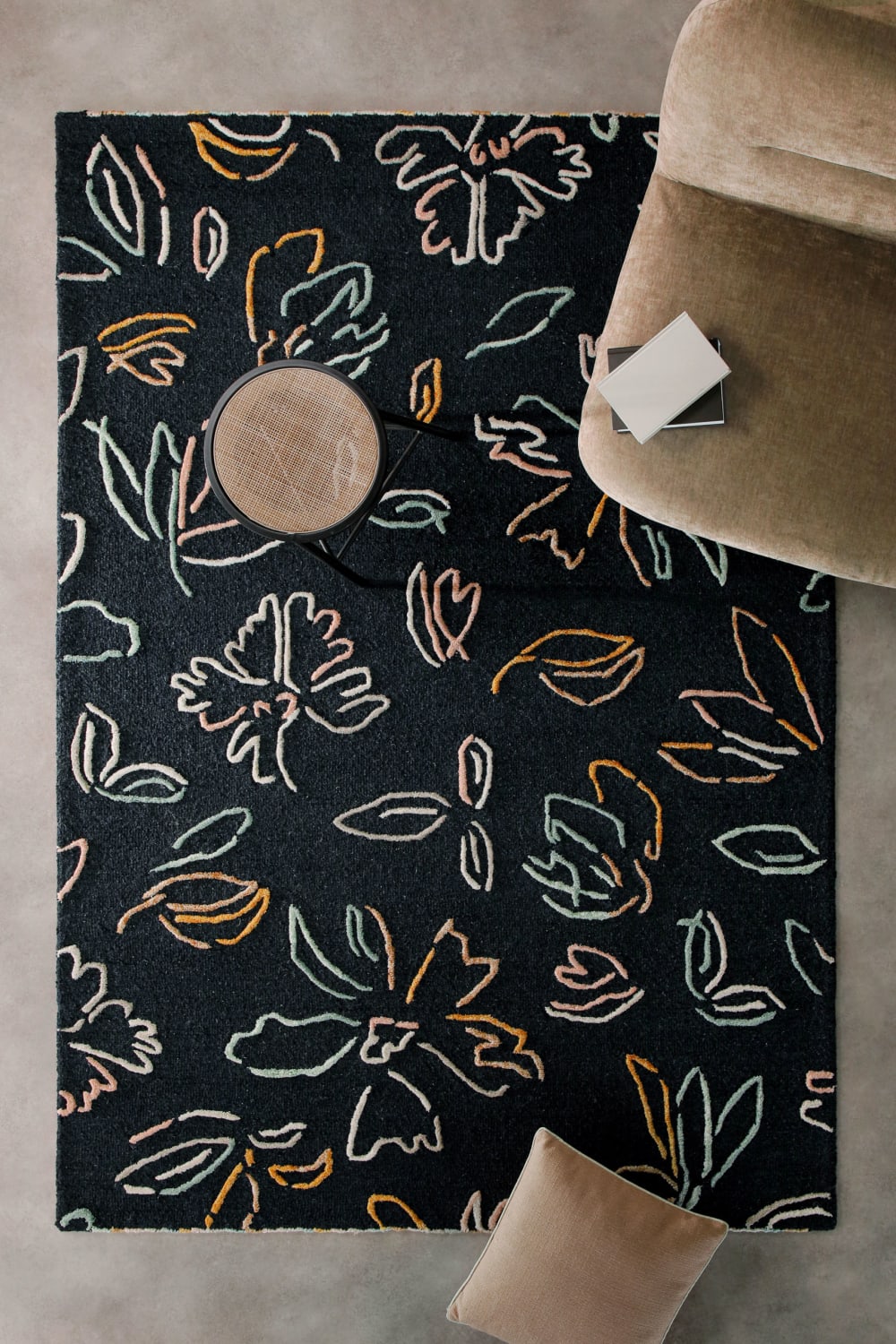 Tapis floral fait main pure laine,viscose, relief, anthracite 110x170 — vue 3