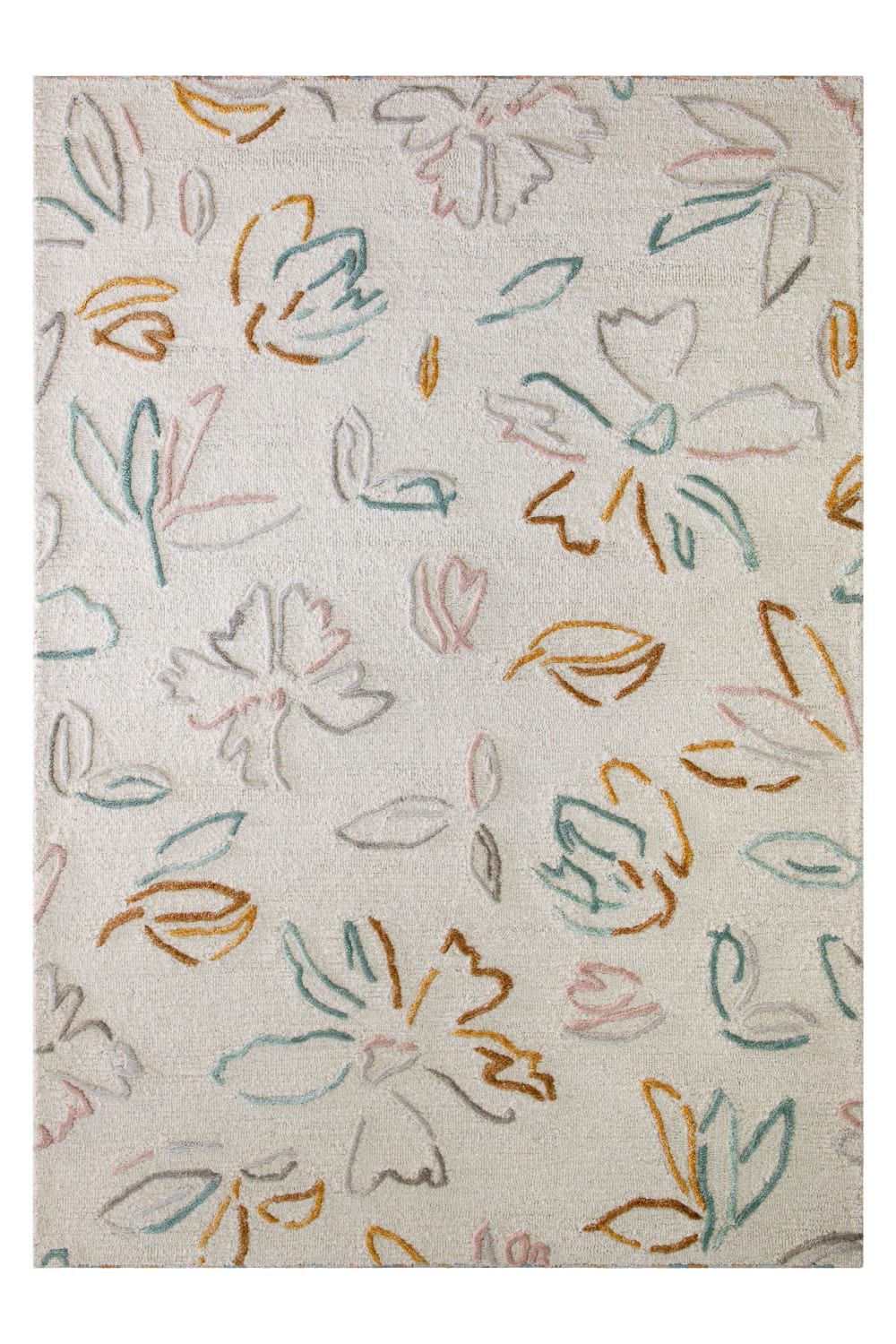 Tapis floral fait main pure laine,viscose, relief, blanc 70x140