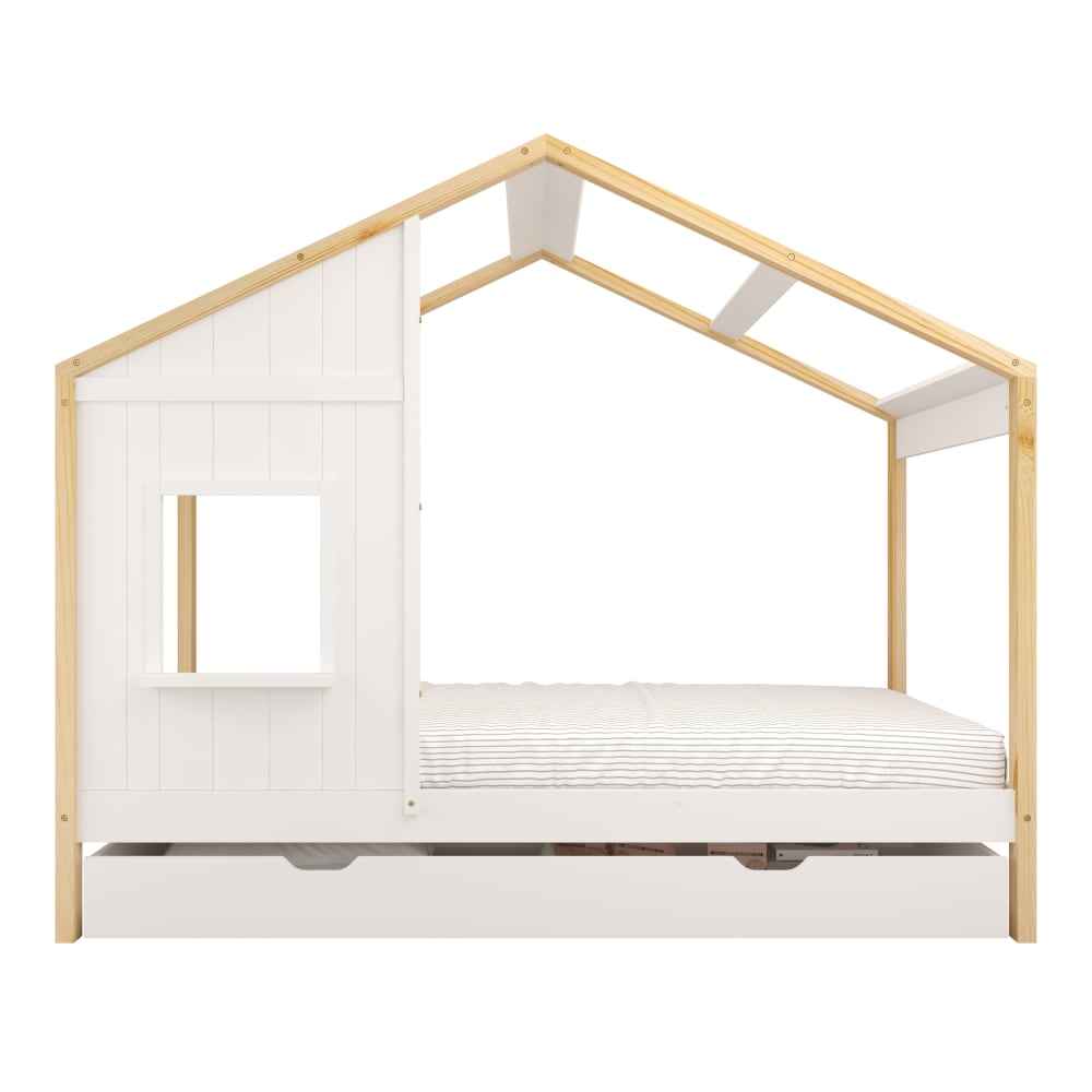 Lit cabane avec tiroir de rangement, marron et blanc, sans matelas