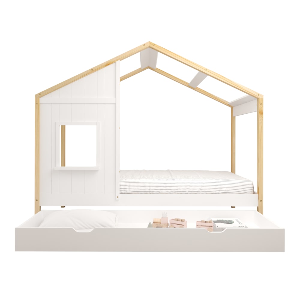 Hausbett mit Aufbewahrungsschublade, Braun und Weiß, ohne