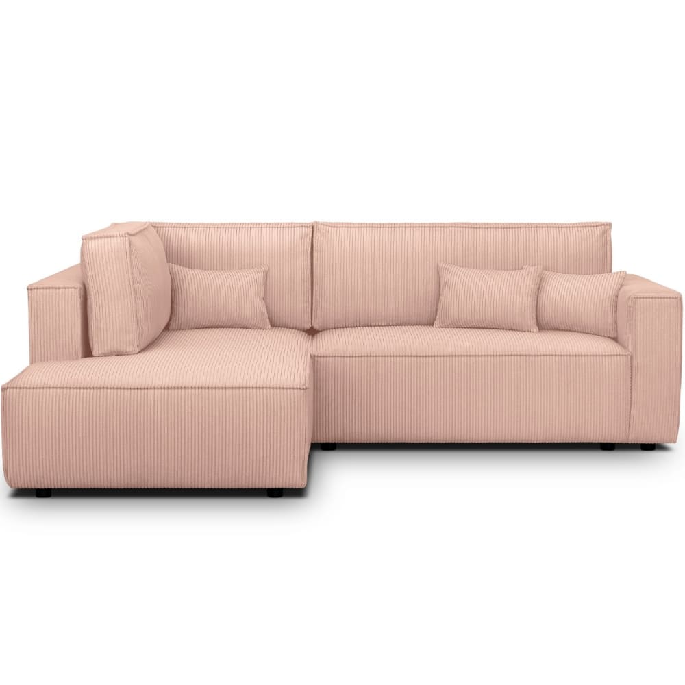 Canapé d'angle gauche ouvert convertible 3 pl., velours côtelé rose