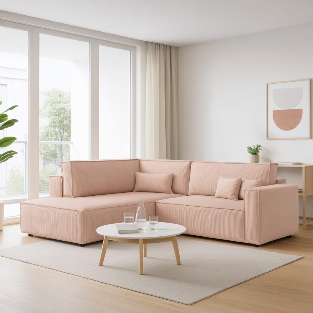 Canapé d'angle gauche ouvert convertible 3 pl., velours côtelé rose