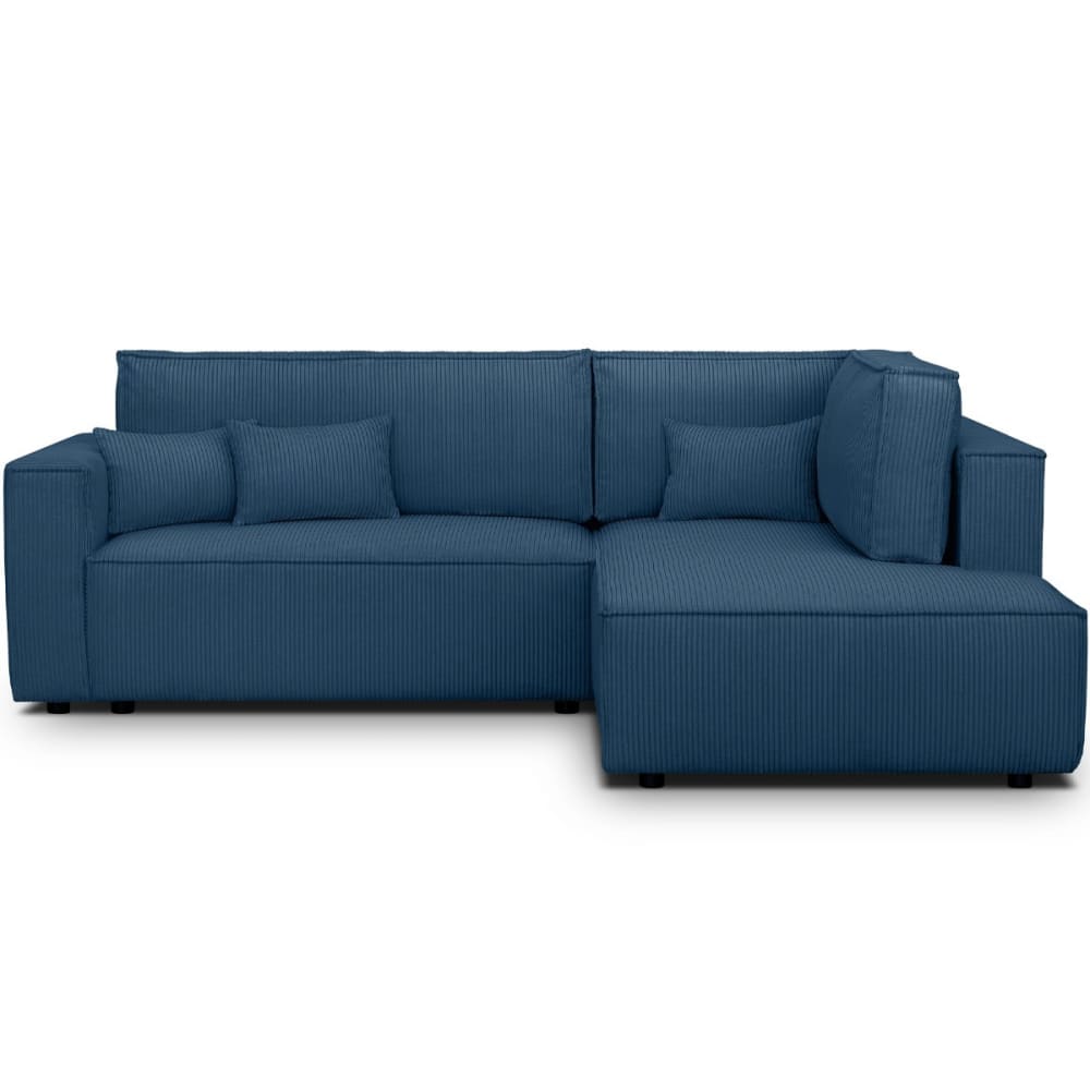 Canapé d'angle droit ouvert convertible 3 pl., velours côtelé bleu