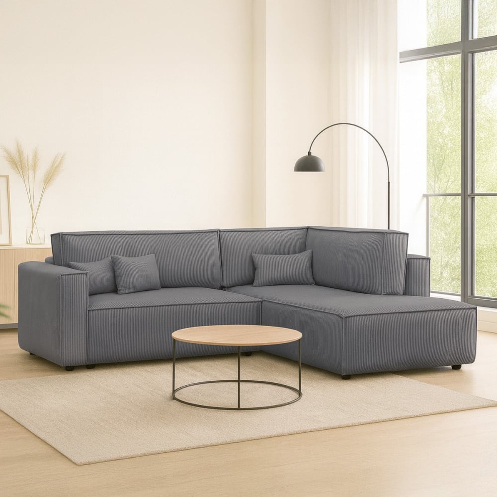 Canapé d'angle droit ouvert convertible 3 pl., velours côtelé gris