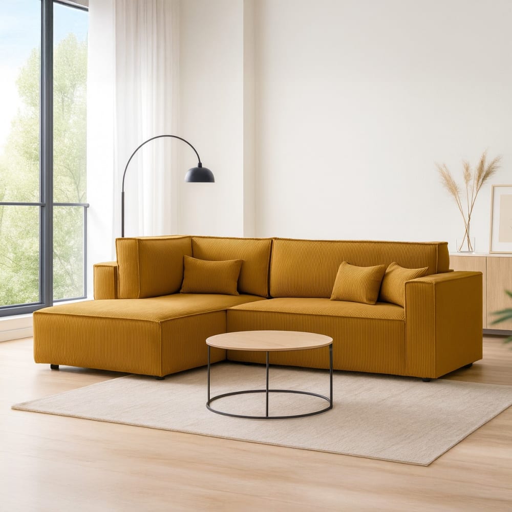 Canapé d'angle gauche ouvert convertible 3 pl., velours côtelé jaune
