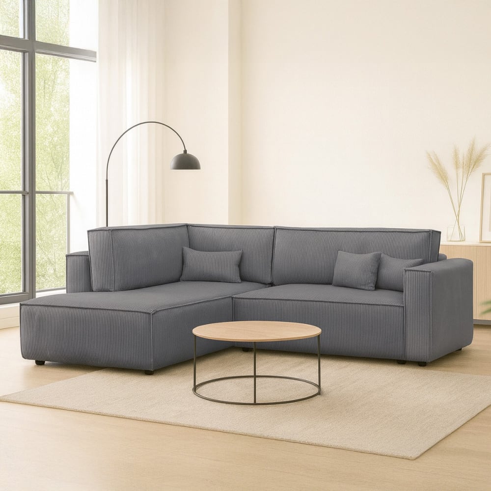 Canapé d'angle gauche ouvert convertible 3 pl., velours côtelé gris