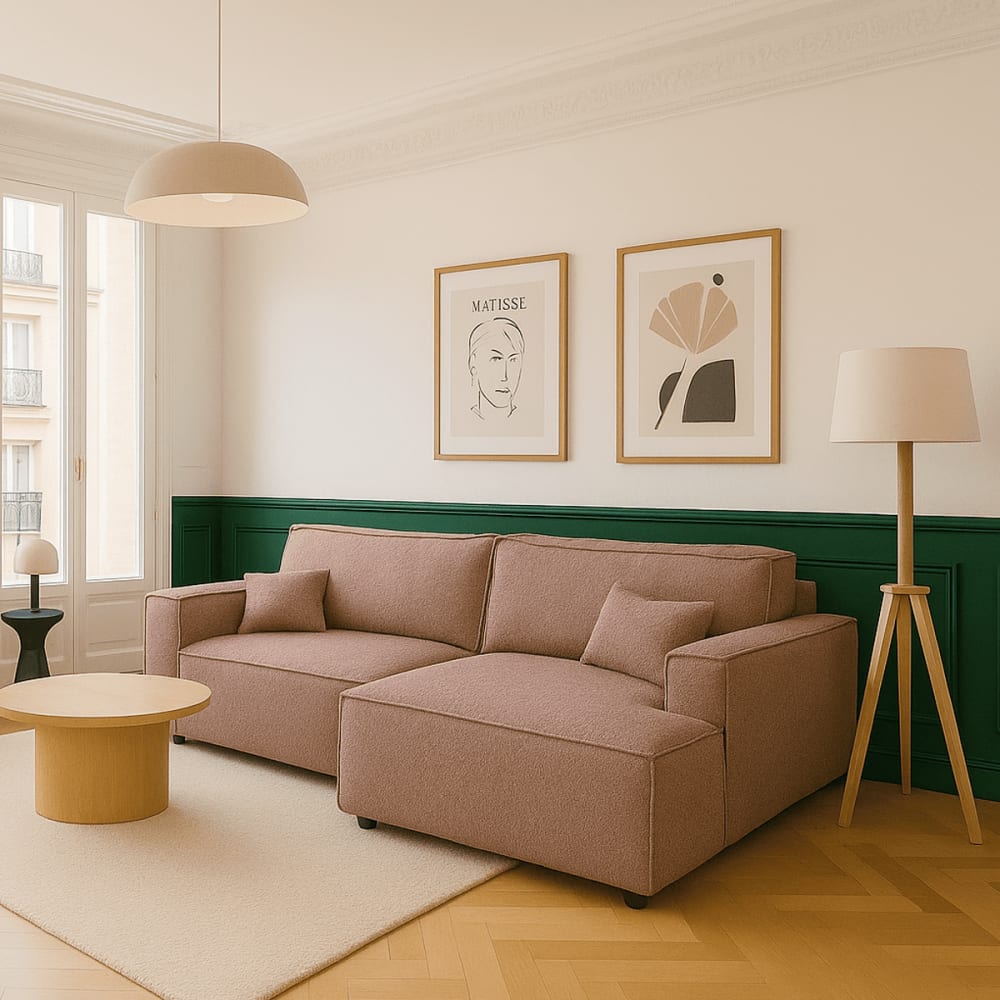 Canapé d'angle droit convertible 3 places - tissu bouclé rose poudré