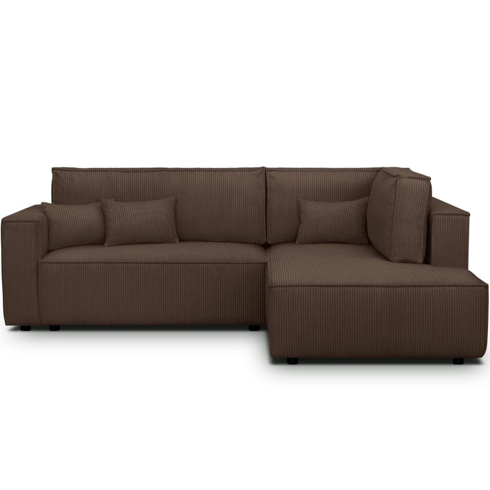 Canapé d'angle droit ouvert convertible 3 pl., velours côtelé moka