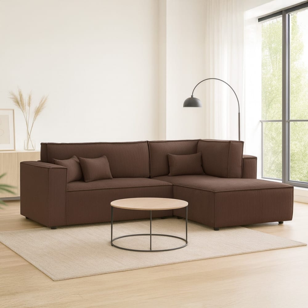 Canapé d'angle droit ouvert convertible 3 pl., velours côtelé moka