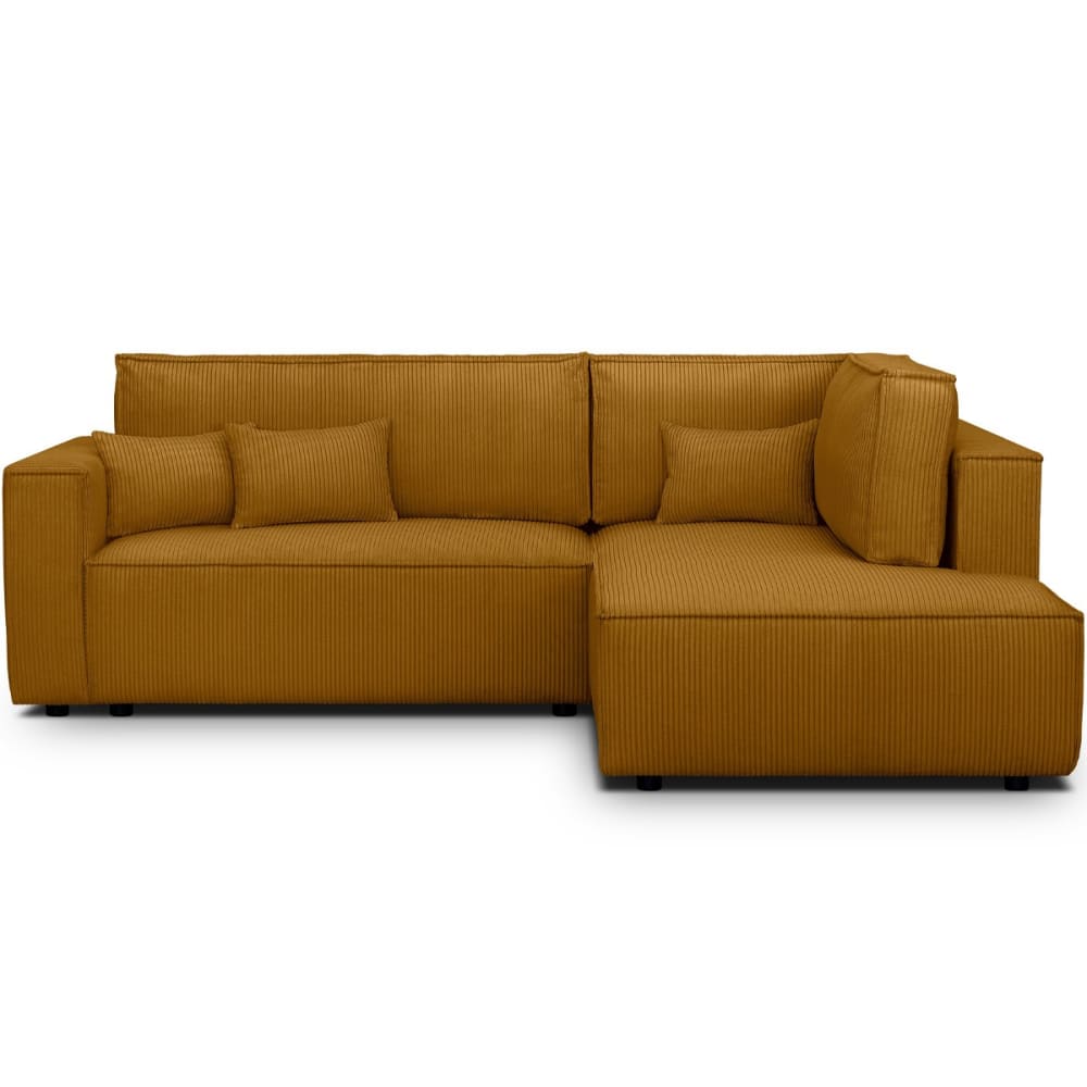 Canapé d'angle droit ouvert convertible 3 pl., velours côtelé jaune