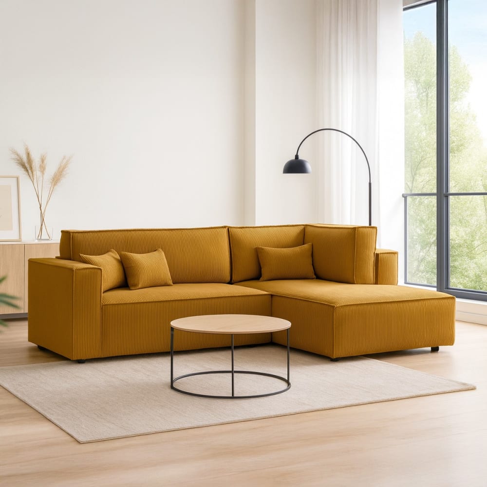 Canapé d'angle droit ouvert convertible 3 pl., velours côtelé jaune