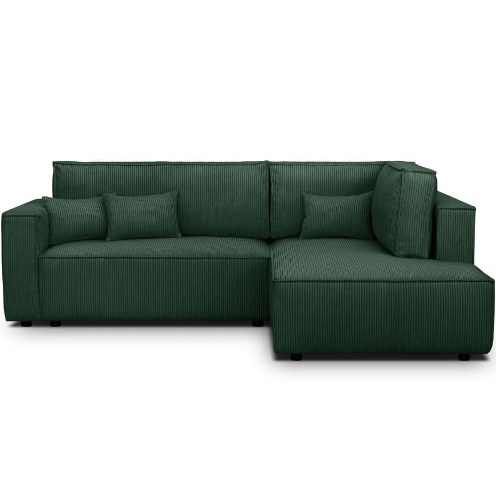 Canapé d'angle droit ouvert convertible 3 pl., velours côtelé vert