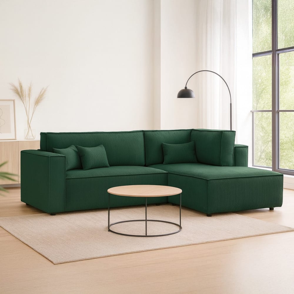 Canapé d'angle droit ouvert convertible 3 pl., velours côtelé vert
