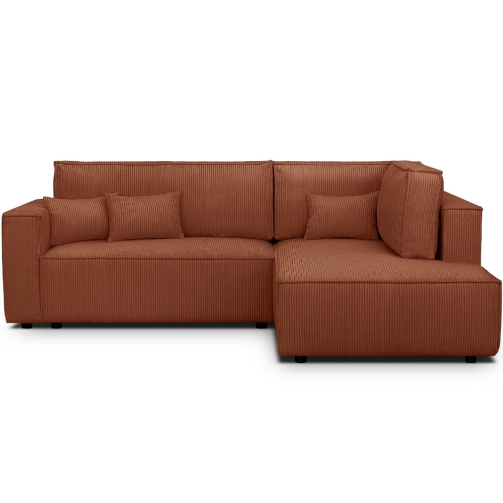 Canapé d'angle droit ouvert convertible 3 pl., velours côtelé rouille