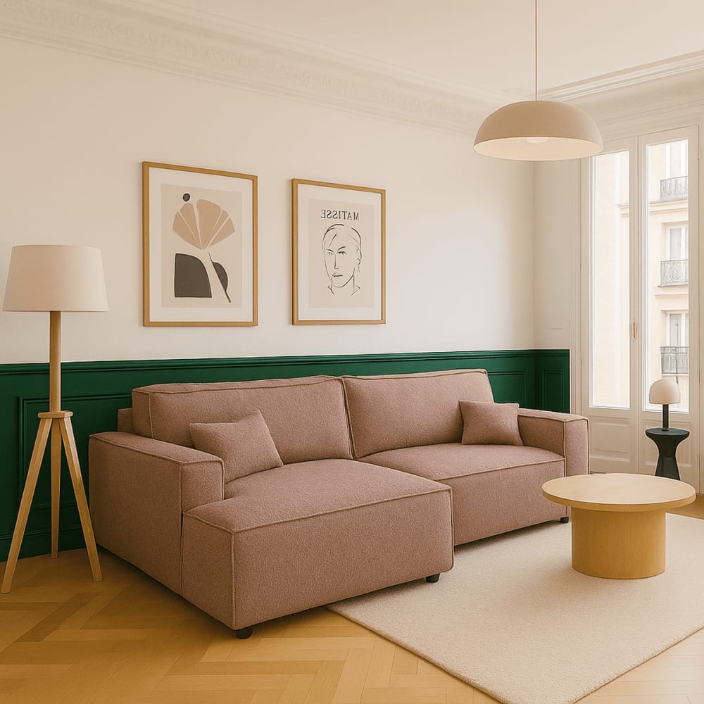 Canapé d'angle gauche convertible 3 places - tissu bouclé rose poudré