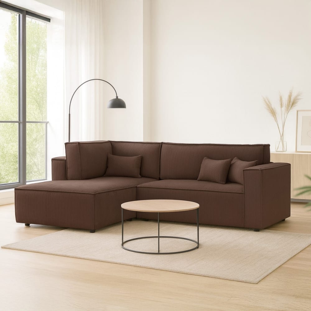 Canapé d'angle gauche ouvert convertible 3 pl., velours côtelé moka