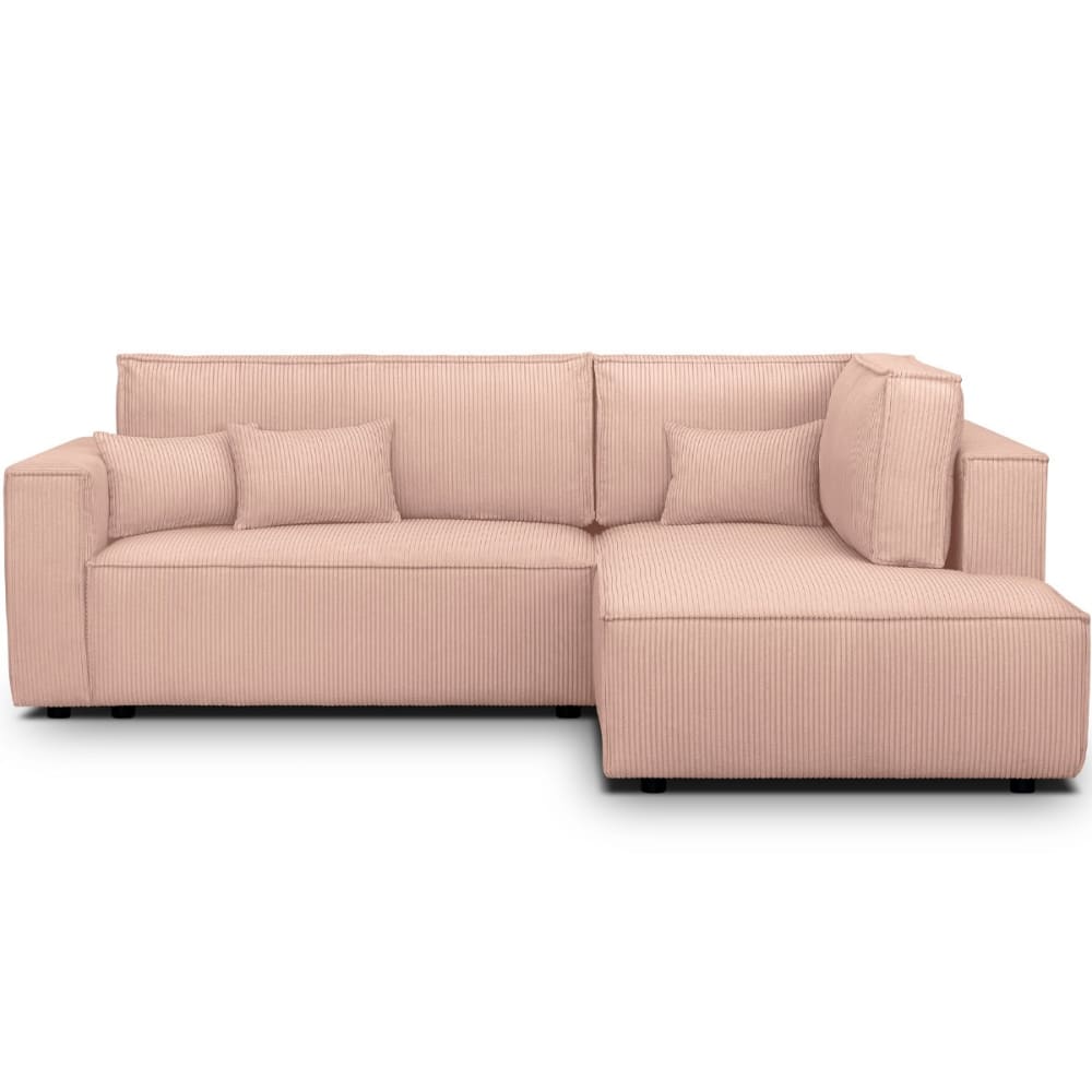 Canapé d'angle droit ouvert convertible 3 pl., velours côtelé rose