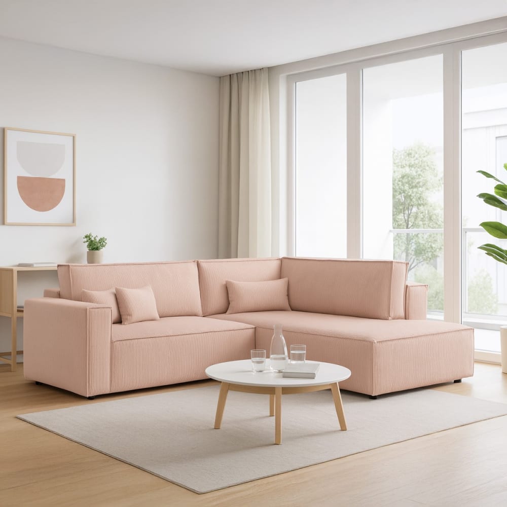 Canapé d'angle droit ouvert convertible 3 pl., velours côtelé rose