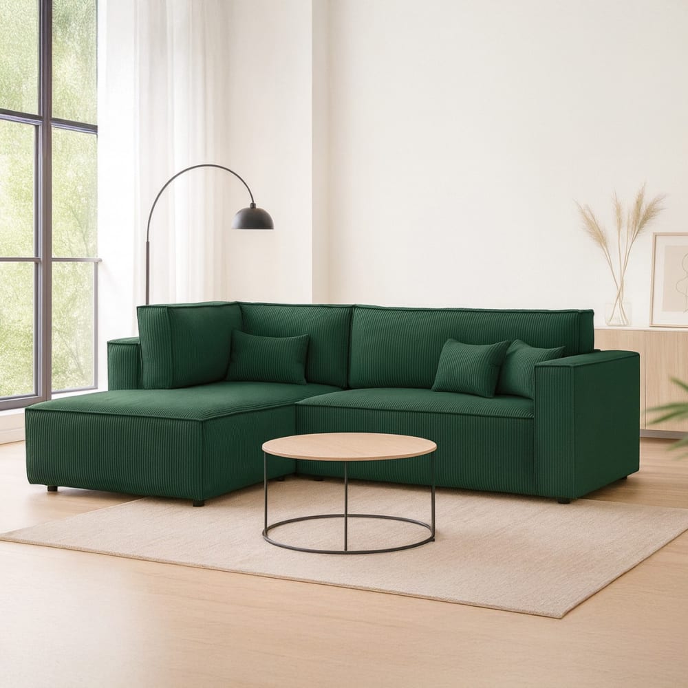 Canapé d'angle gauche ouvert convertible 3 pl., velours côtelé vert