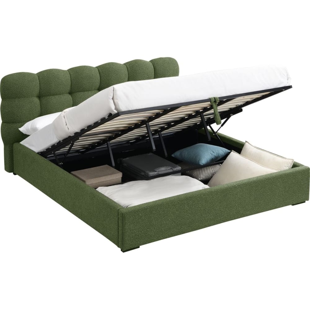 Lit coffre 180x200 cm avec tête de lit en tissu bouclé vert