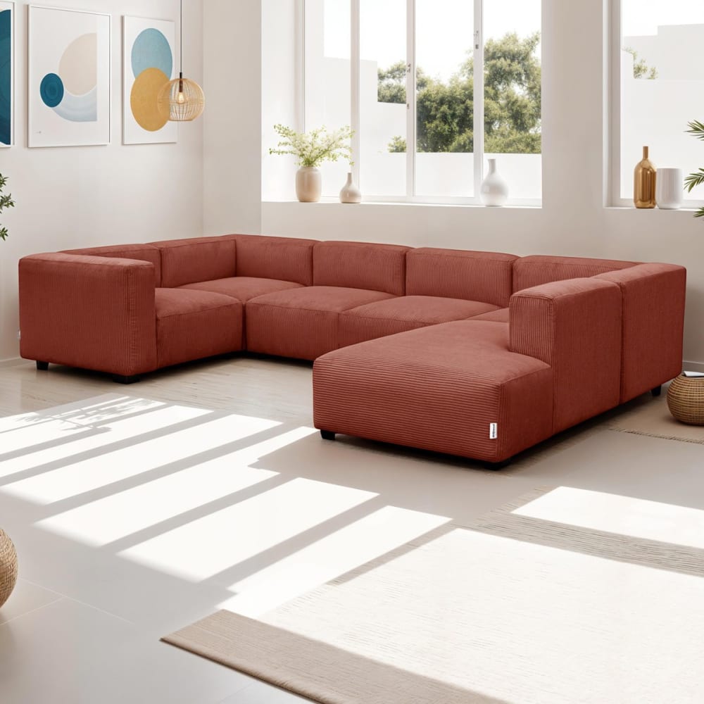 Canapé modulable panoramique 9 places ouvert à droite + pouf rouille