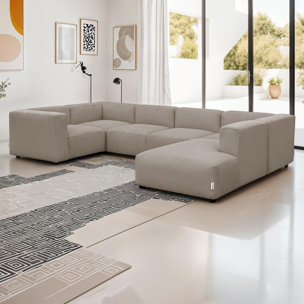 Canapé modulable panoramique 9 places ouvert à droite + pouf taupe