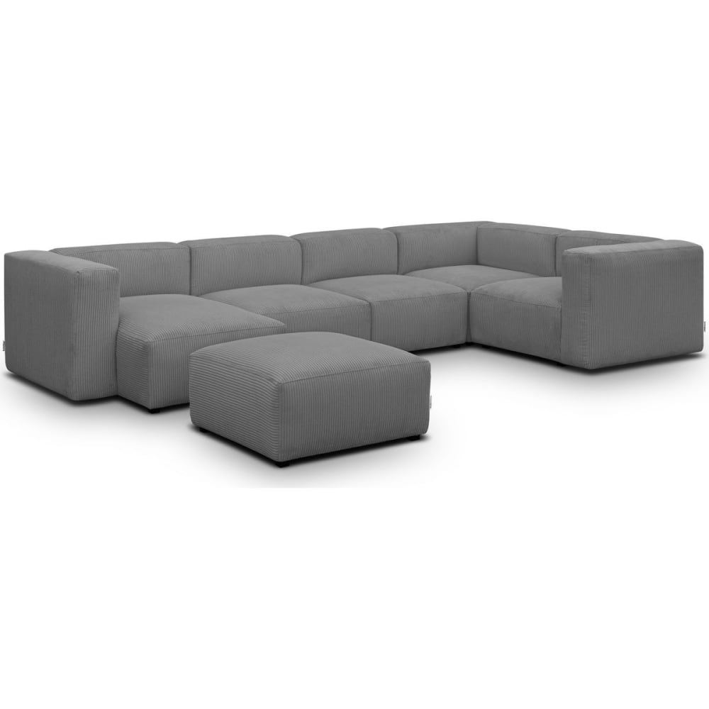 Canapé modulable panoramique 6 places, méridienne gauche + pouf gris