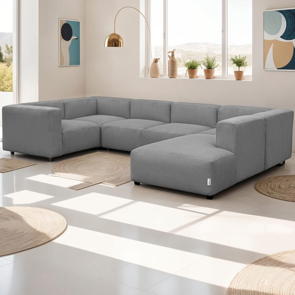 Canapé modulable panoramique 9 places ouvert à droite + pouf gris