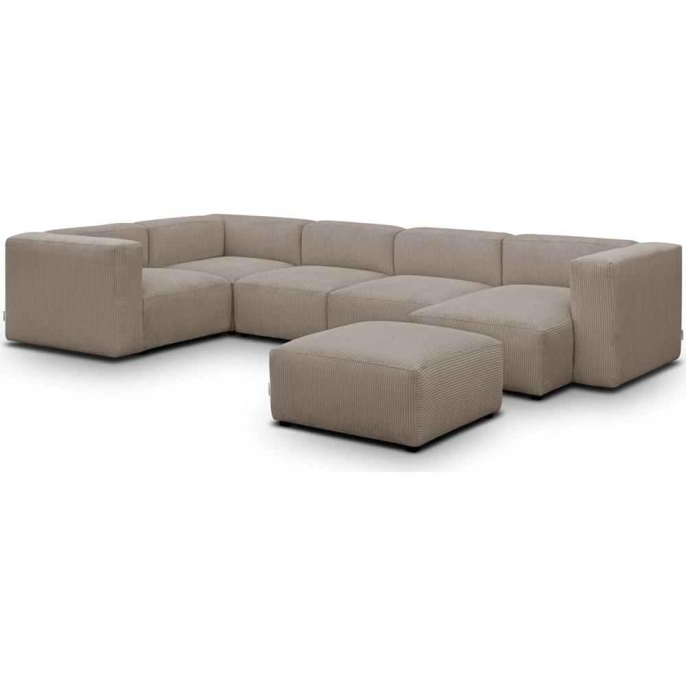 Canapé modulable panoramique 6 places, méridienne droite + pouf taupe