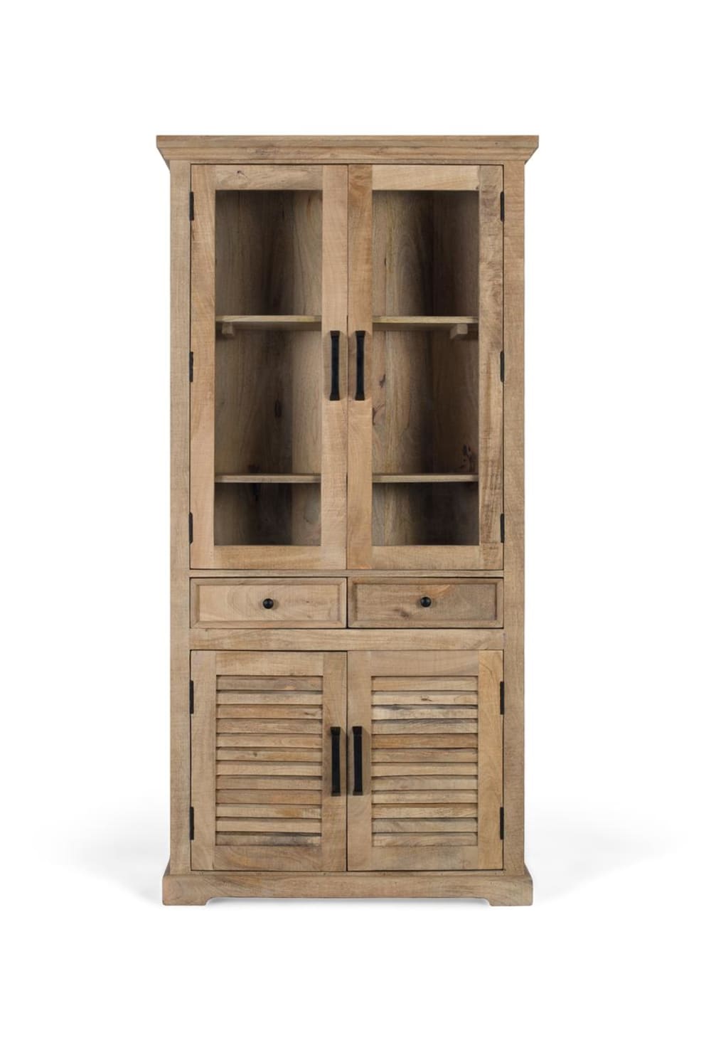 Vitrine en bois de manguier avec verre et deux tiroirs