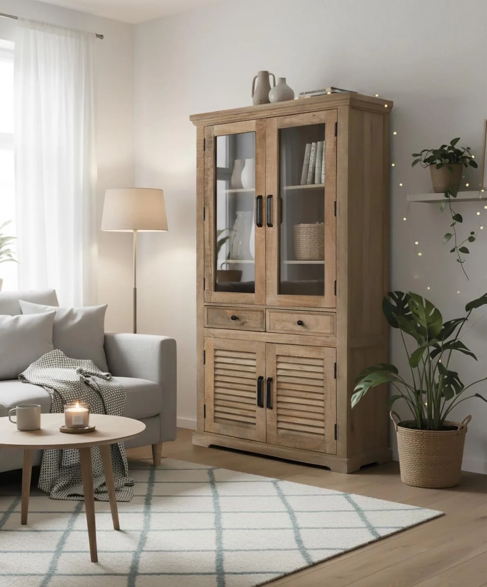 Vitrine en bois de manguier avec verre et deux tiroirs