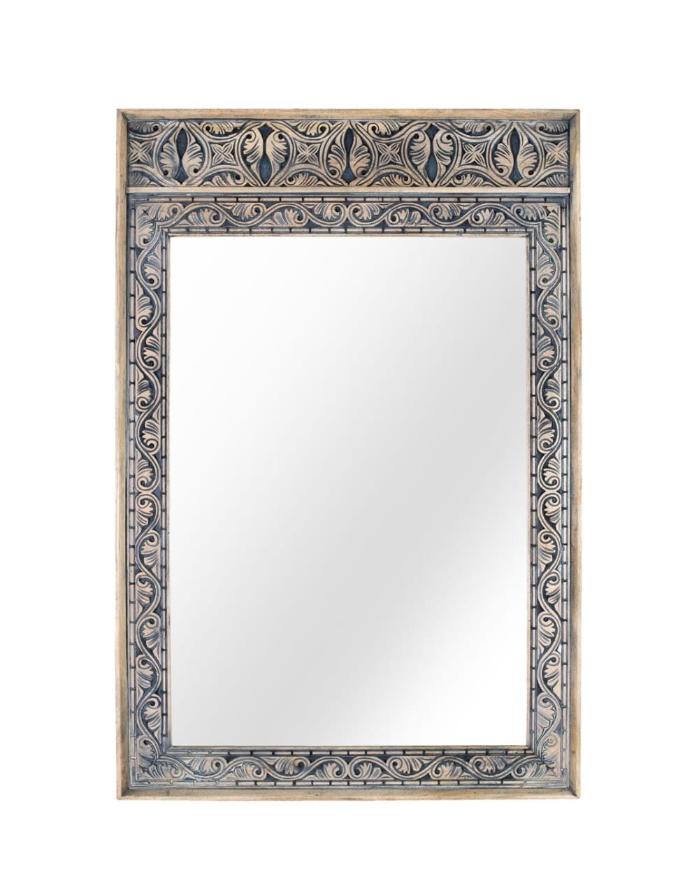 Miroir encadré de bois de manguier massif sculpté à la main