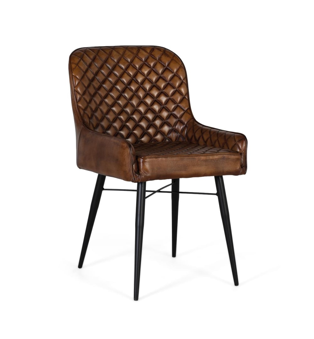 Chaise tapissée de cuir marron vieilli avec dossier rembourré