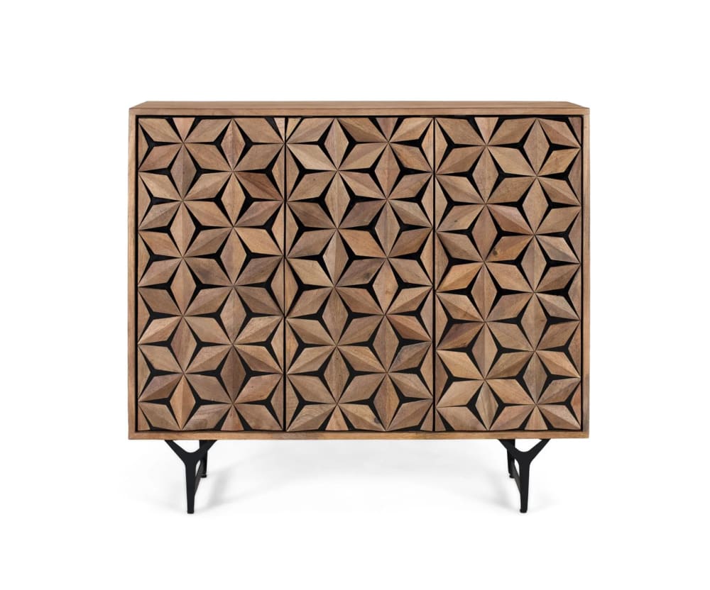 GINER Y COLOMER Sideboard aus massivem Mangoholz und handgeschnitzter Front Braun