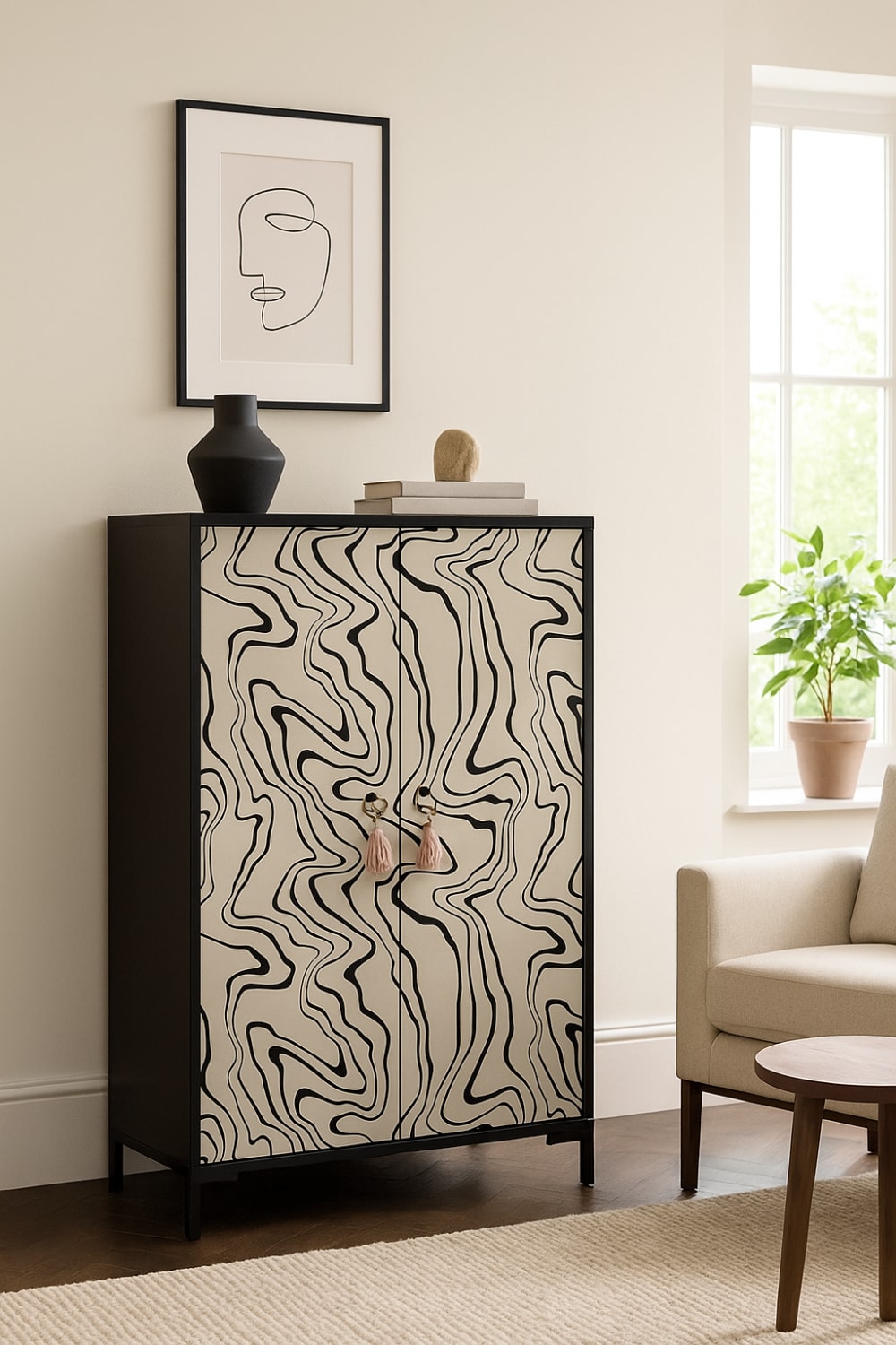Sideboard MDF 2 Türen dekorativ geschwungene schwarze Linien -