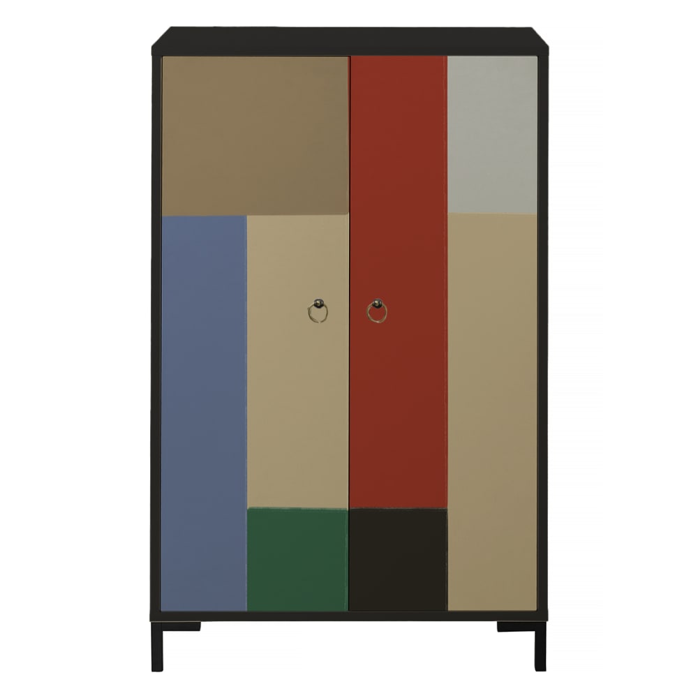 Buffet MDF 2 portes décoratives blocs tuile, beige, bleu, vert