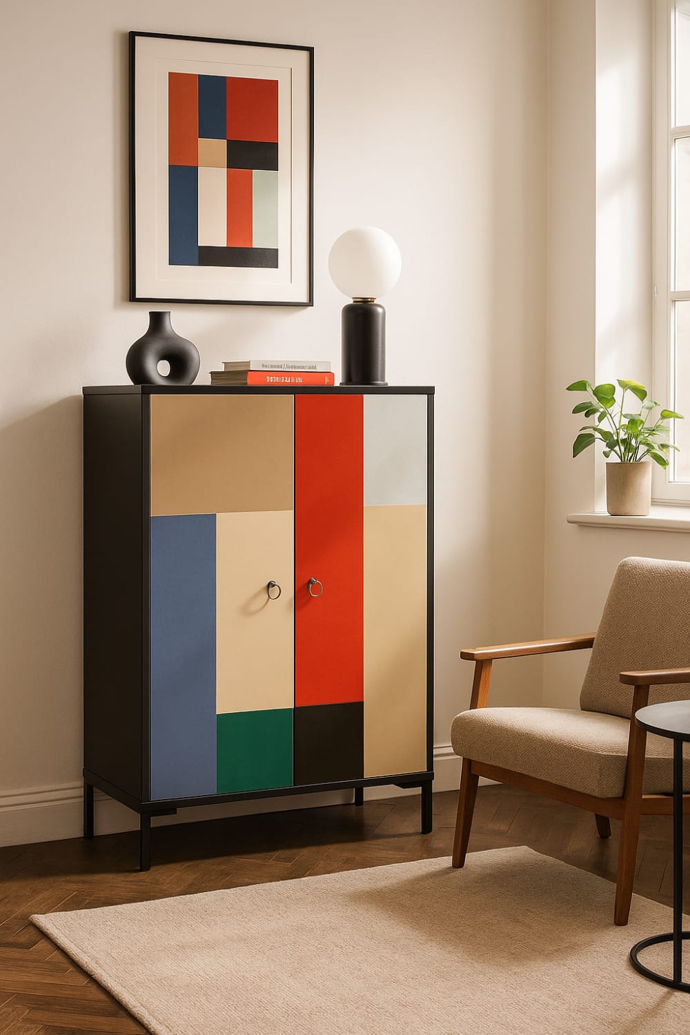 Sideboard MDF 2 Türen dekorativ Kachelmuster Ziegel, Beige, Blau