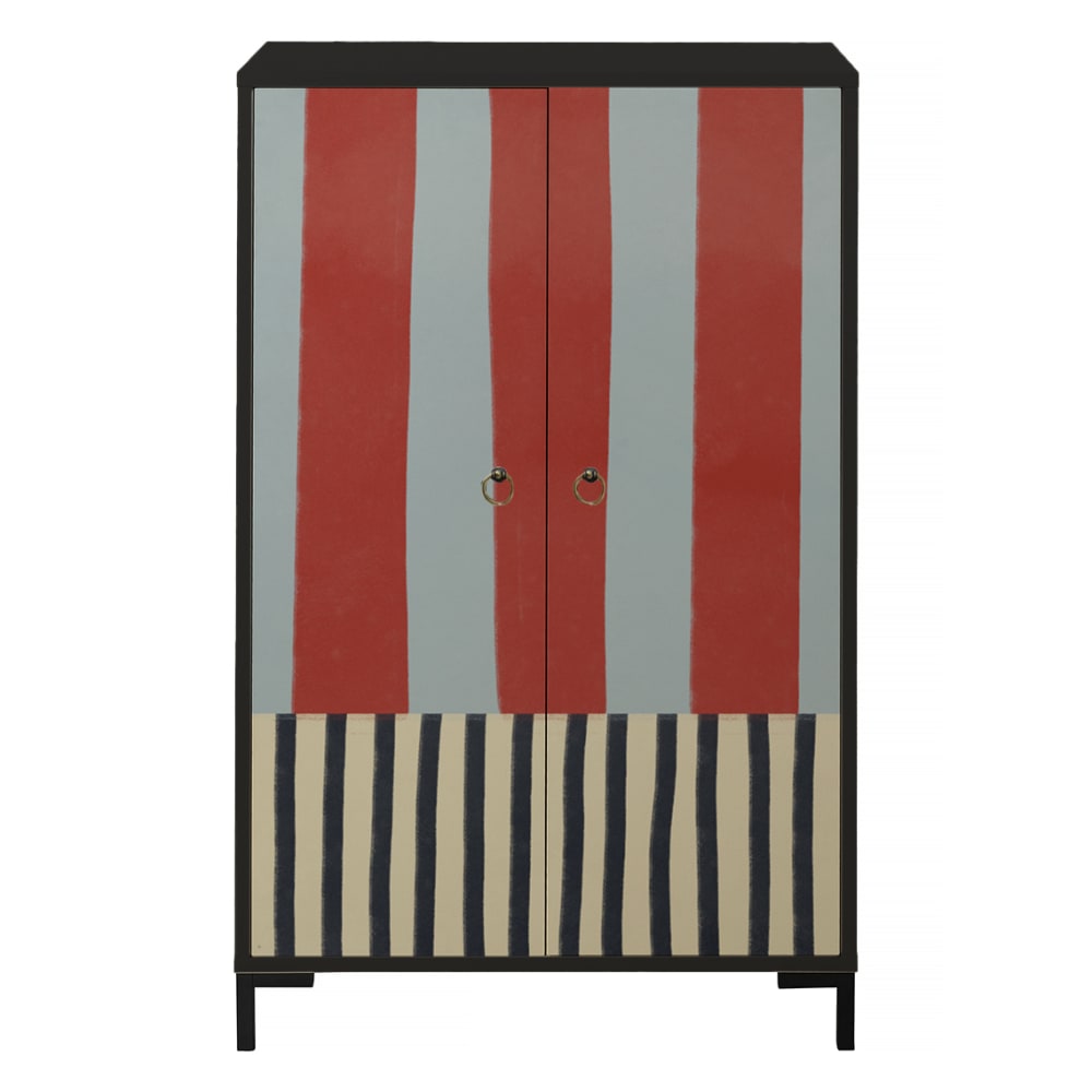 Buffet MDF 2 portes décoratives motif bandes terracotta et gris