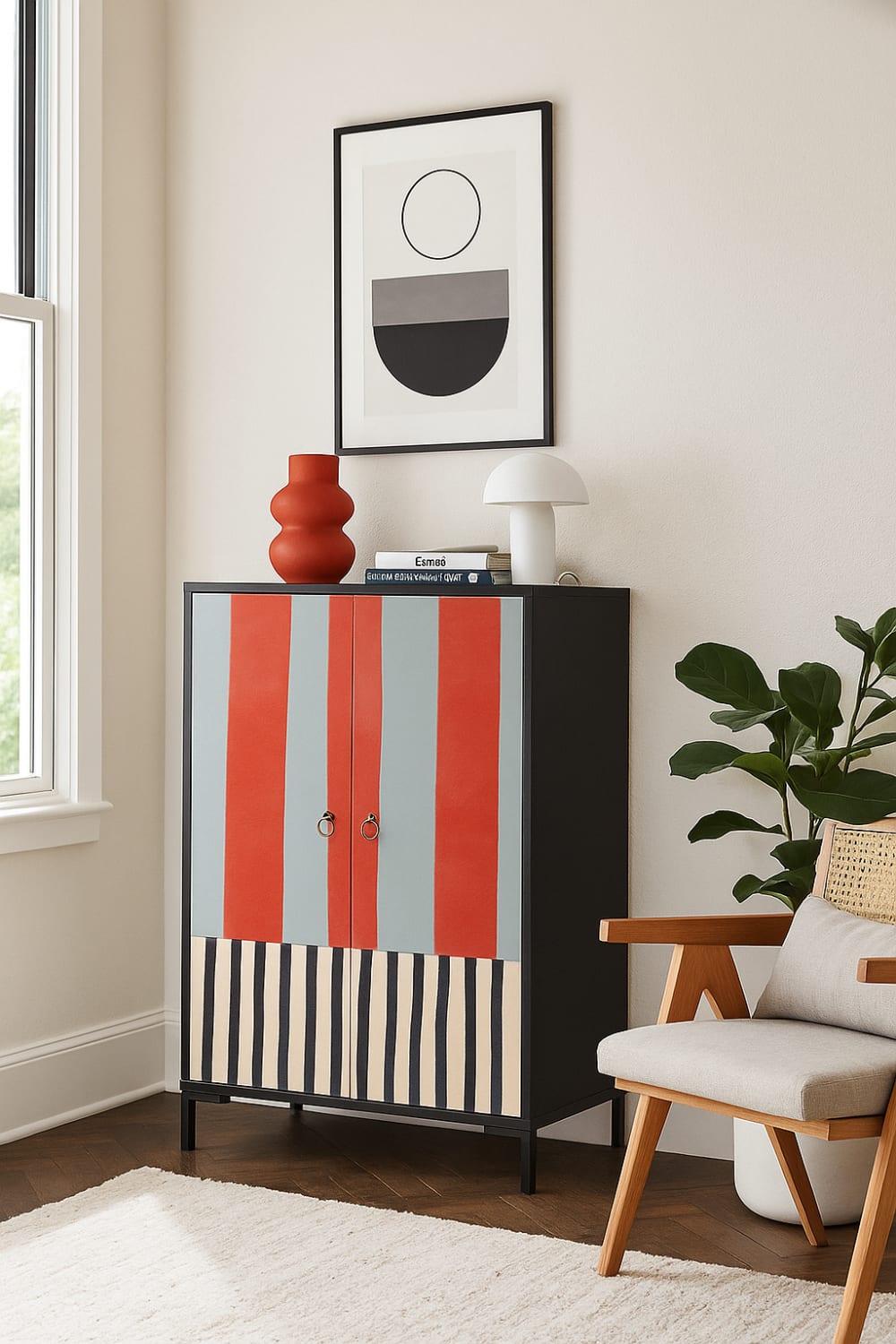 Sideboard MDF 2 Türen dekorativ Streifen Terrakotta und Blaugrau